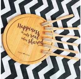 Conjunto para petiscos com tábua e garfinhos em bambu - Happiness